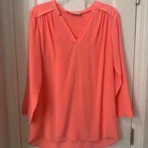 100 % silk blouse bright coral color excellent high low hem 3/4 length sleeves